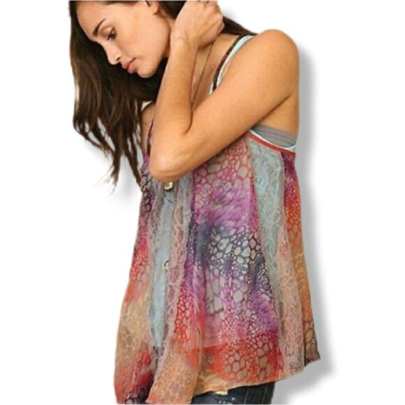 Free People Sequin Summer Lace Bright Tank Top L Boho Colorful Festival - Picture 1 of 13
